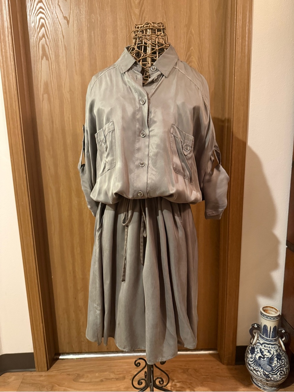 Marina Rinaldi Taupe Satin Button-Front Midi Dress